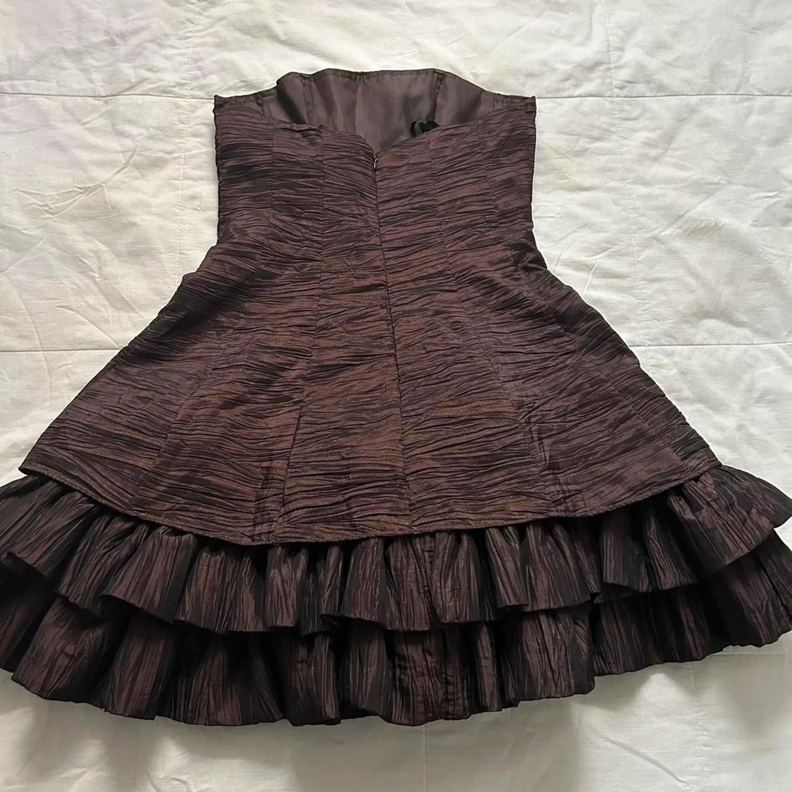 Y2K Nightway Brown strapless mini dress fluffy tulle crinoline underlay ruffled Size 10 - Image 5