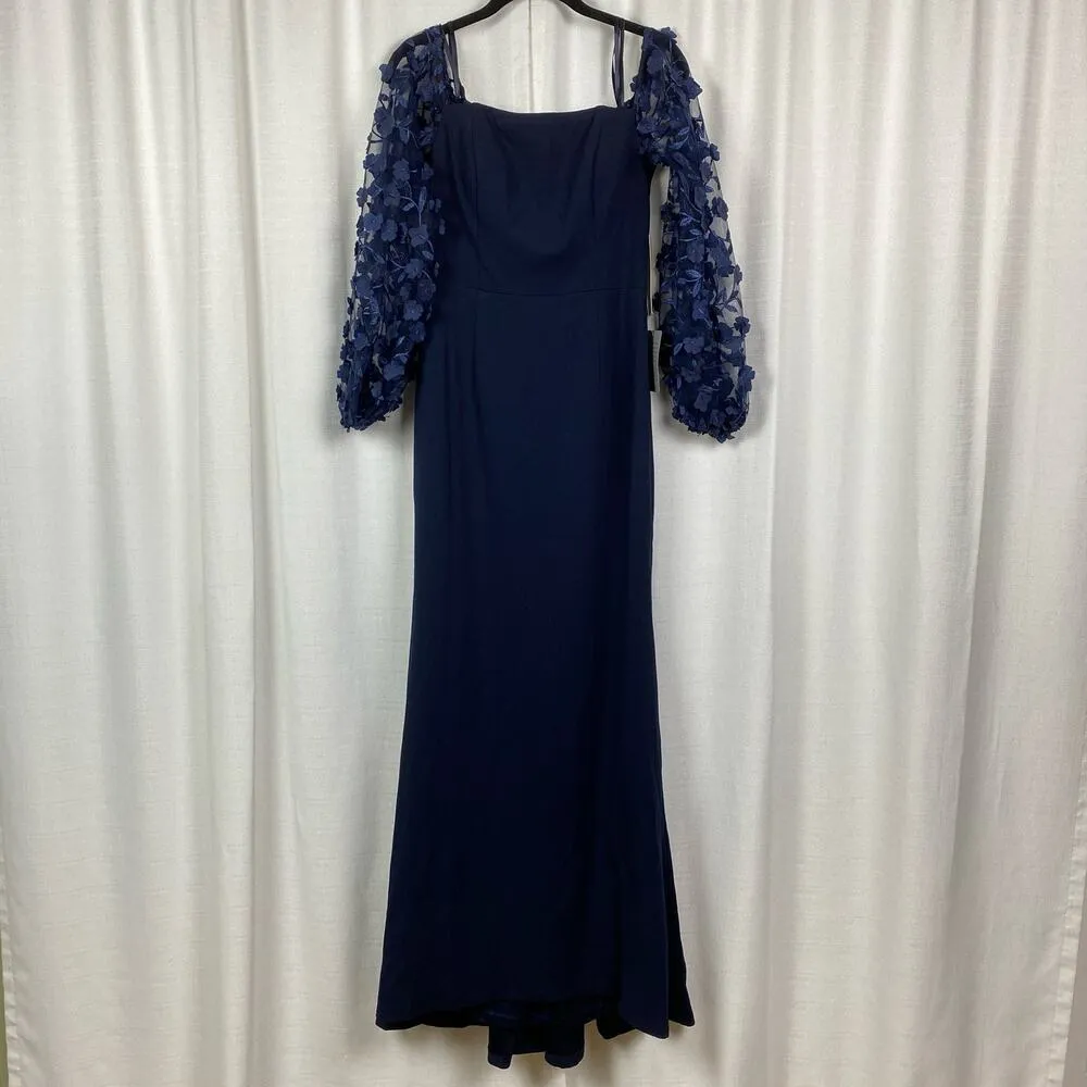 Eliza J Navy Blue Off The Shoulder 3D Fleur Appliqué Scuba Crepe Gown Sz.6 NWT - Image 5