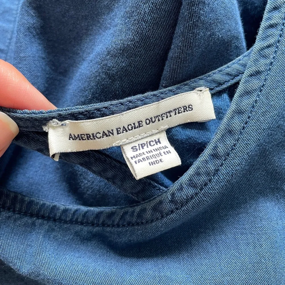 American Eagle Chambray Ruffle Sleeve Romper Blue (Small) - Image 5