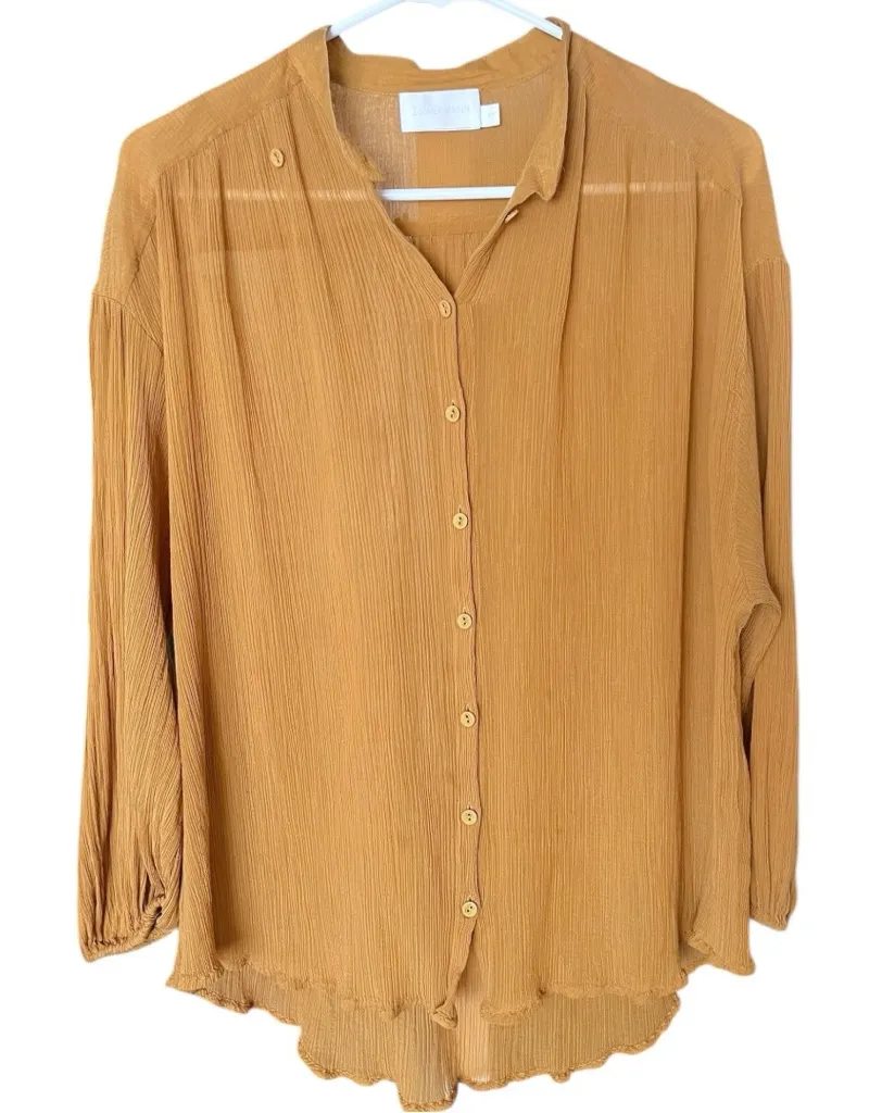 Zimmermann Plisse Textured Crepe Button Down Lettuce Trim Balloon Sleeve Top L - Image 1