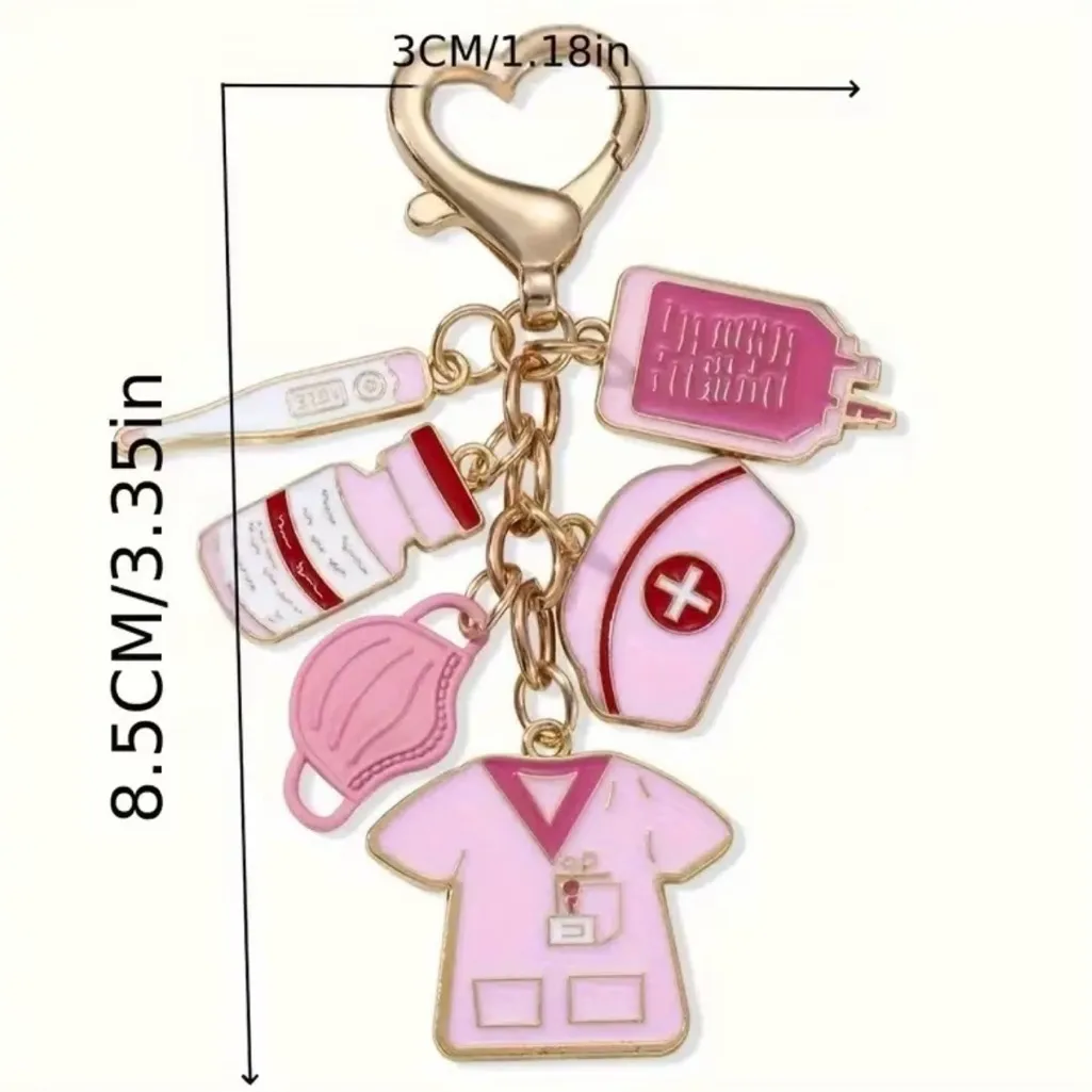Nurse Charm Keychain | Pink Nurse Hat Scrubs Stethoscope IV Bag Purse Charm - Image 3