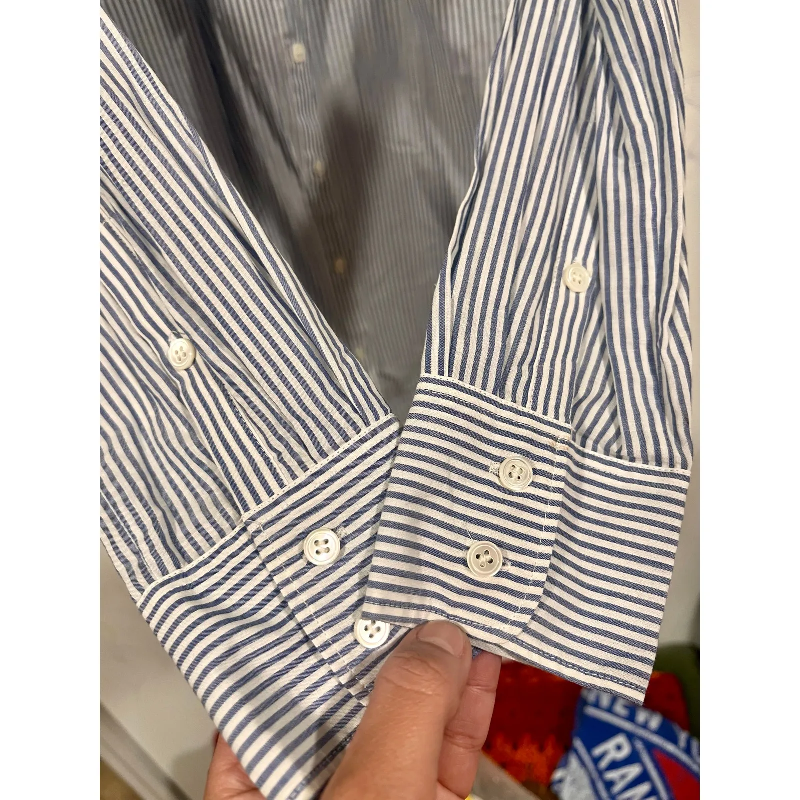 J.Crew Women's ruffle front Striped Shirt Cotton Poplin Business Casual Office 0 Blue - Image 5