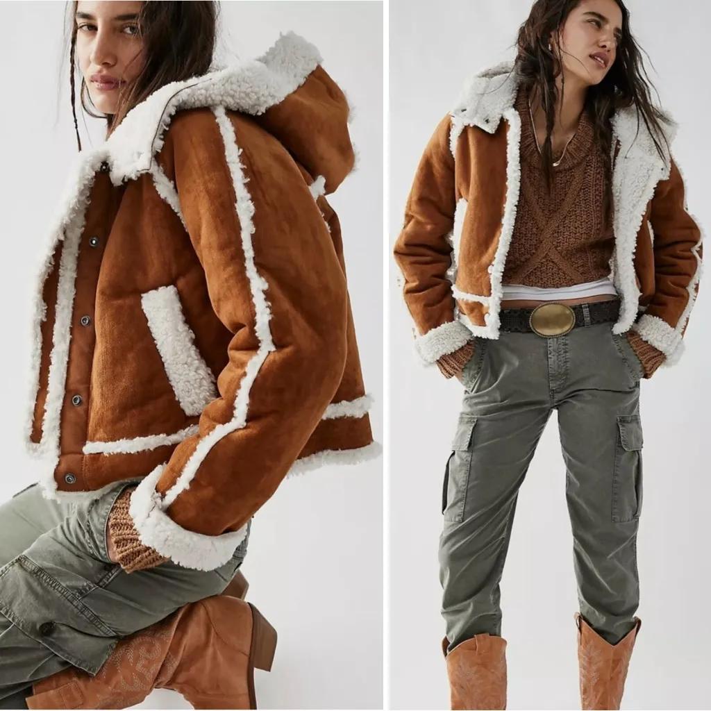 Free People Western Bohemian Vegan Suede Exchange Shearling Jacket Coat XL - Image 2