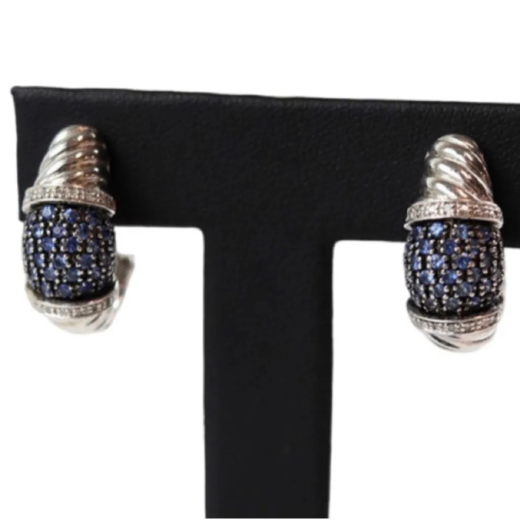 Blue Sapphire Diamond Accented Omega Back Sterling Silver Cable Design Earrings - Image 10