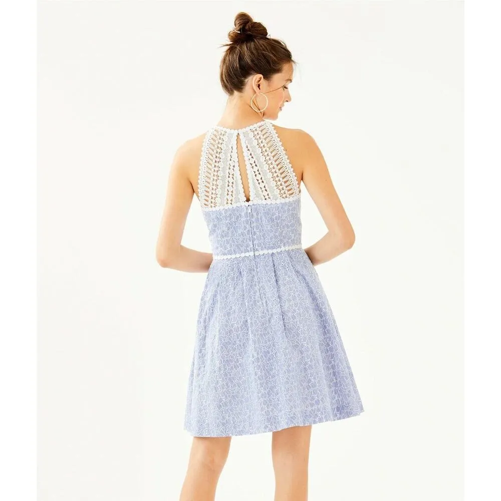 LILLY PULITZER Tori Mini Dress Blue Yarn Dye Stripe Eyelet Sleeveless Size 16 - Image 3