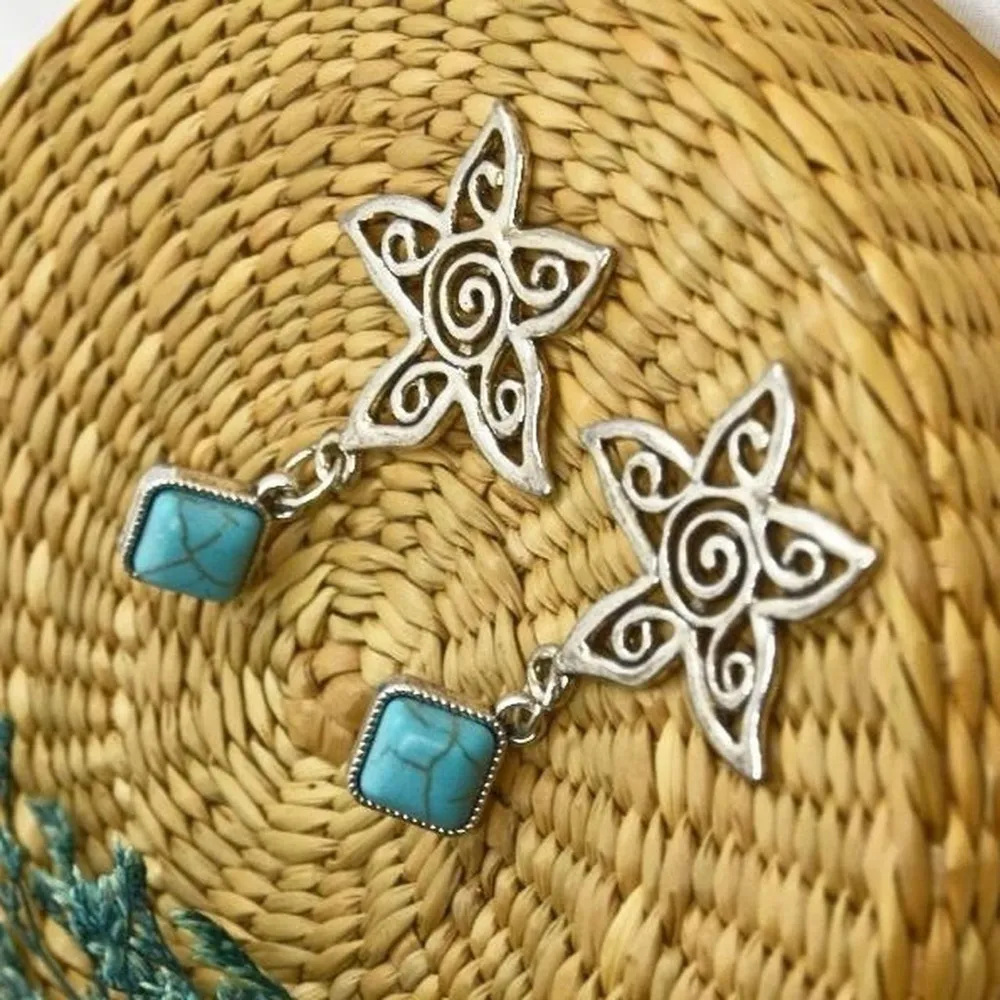 Turquoise Starfish Earrings Silver - Image 2