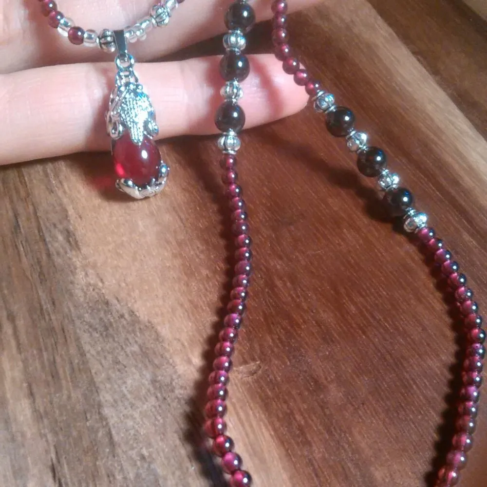 Simulated Ruby and Genuine Mozambique Garnet Silvertone Dragon Pendant Necklace - Image 3