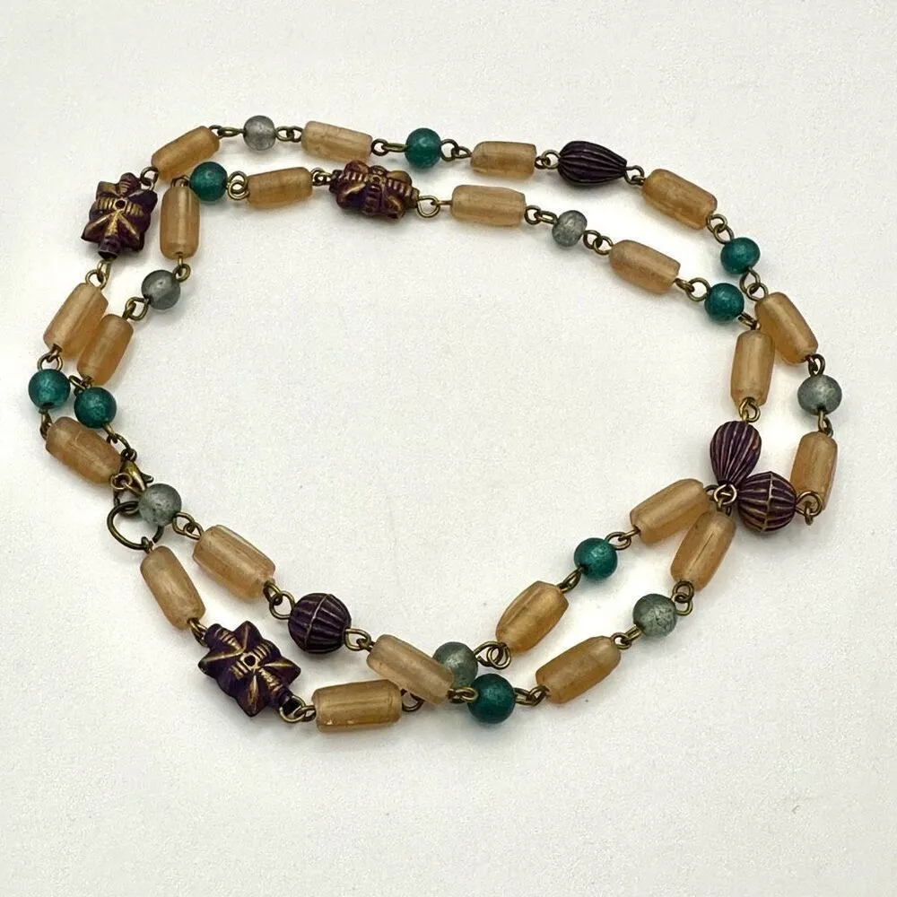 Pink purple and green long beaded vintage necklace - Image 6