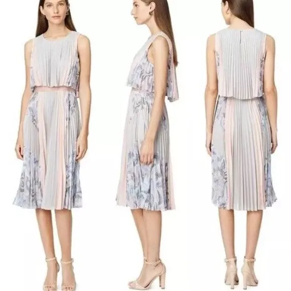 BCBG S Floral Ola Pleated Jaelyn Block Dress Midi Cocktail Wedding Pink Grey - Image 2