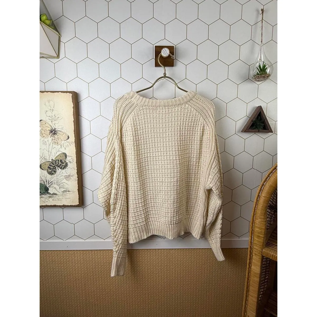 Storia Cream Cable Knit Detailed Sleeve Pullover Sweater - Size - Large - Image 3