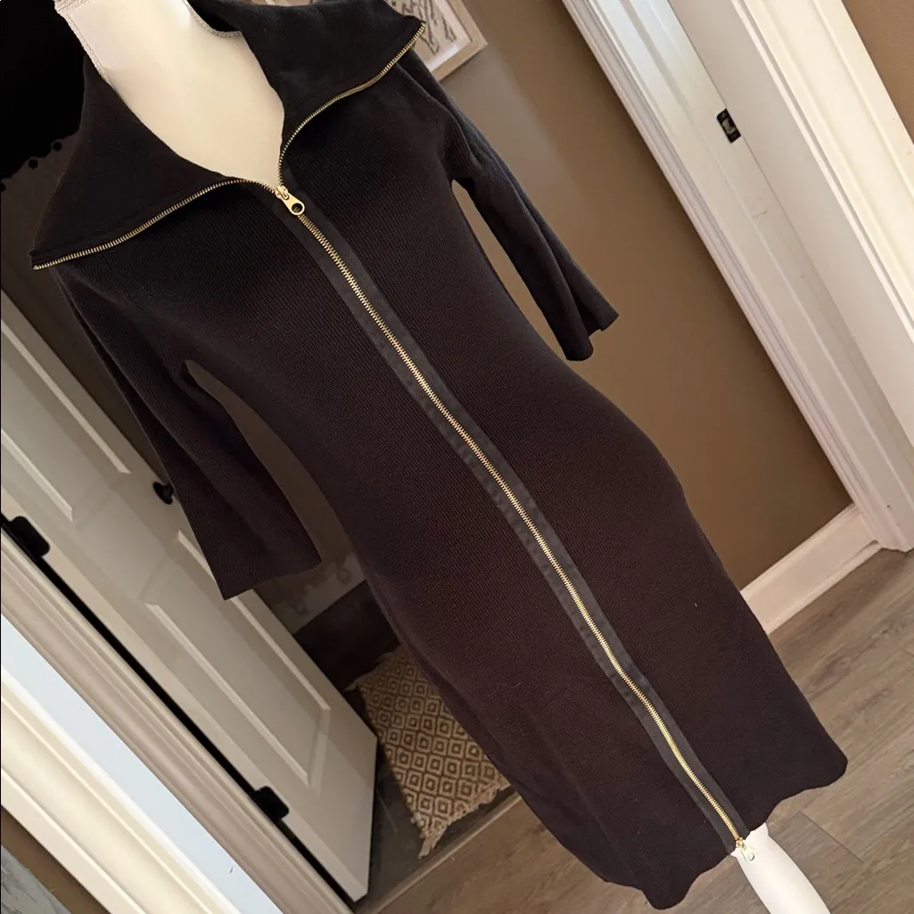 ELLEN TRACY Classic Black Ribbed-Knit Zipper Front Sweater Dress Soze Small - Image 4