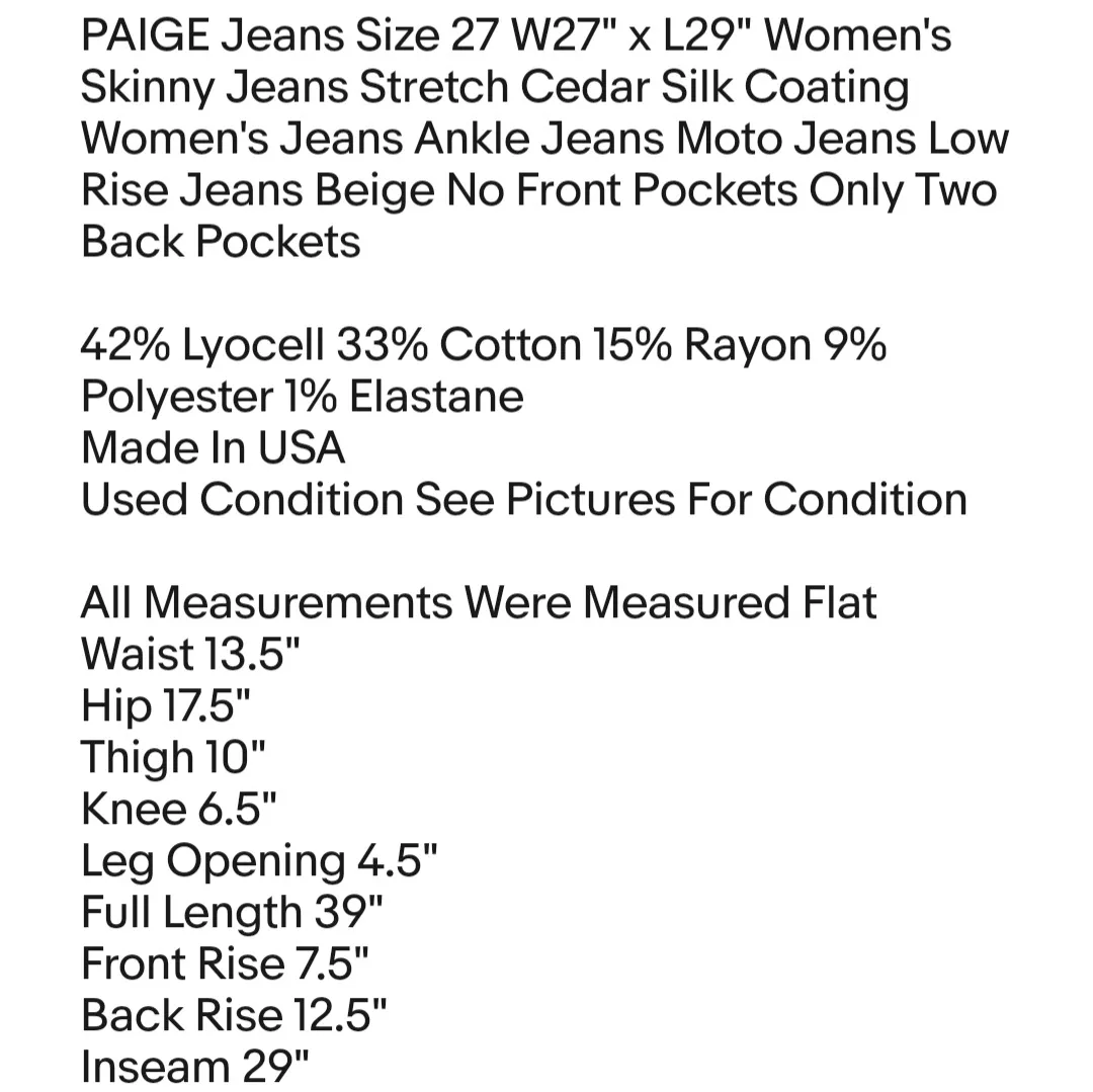 PAIGE Jeans Size 27 W27" x L29" Women's Skinny Jeans Stretch Cedar Silk Coating - Image 2