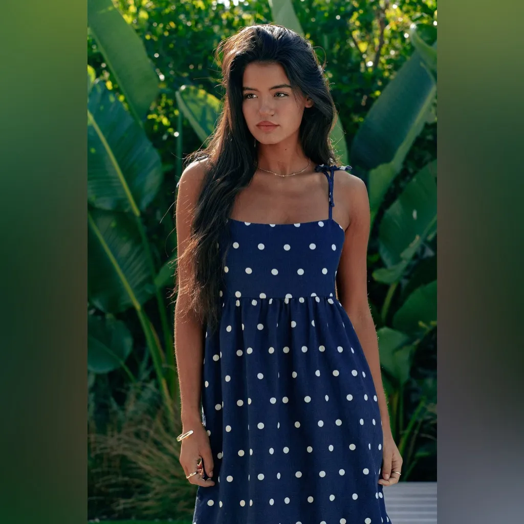BEACH RIOT Valory Maxi Dress Navy Polka Dot Linen, Size Medium, $198 - Image 4