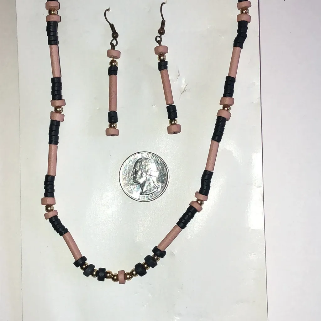 MAKU Pink and Black Pottery Beaded Boho Necklace and Earring Set - Image 3