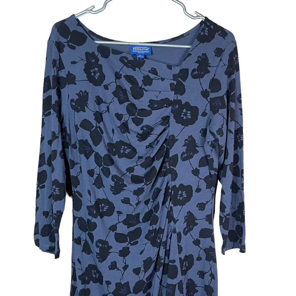 Pendleton Ruched Front Blue Black Flower Print Dress Size Large Petite - Image 2