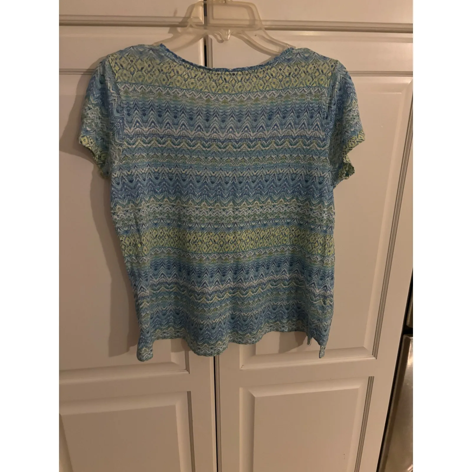 J Jill Women's Petite XS V Neck Short Sleeve Zigzag Print Linen Blend Top - Image 4