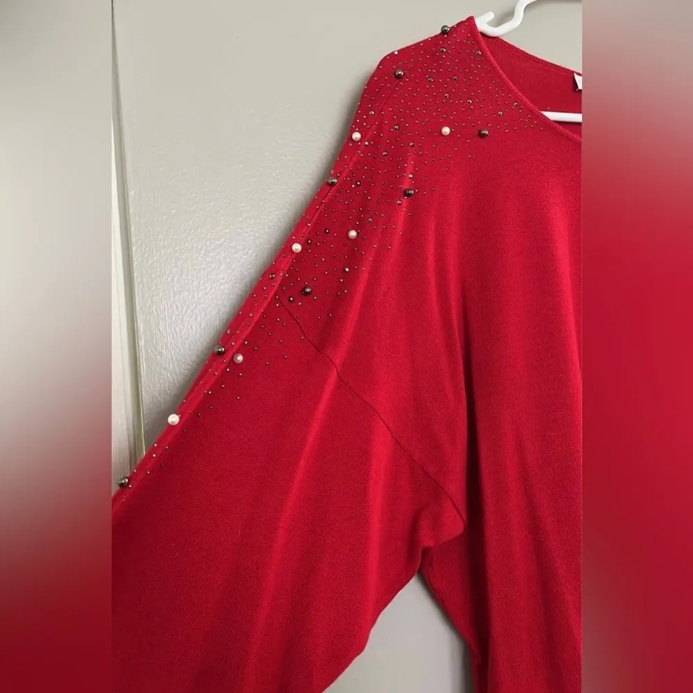 Calvin Klein Red Sweater Long Sleeve Embellished Beaded Neckline Women’s Size L - Image 4