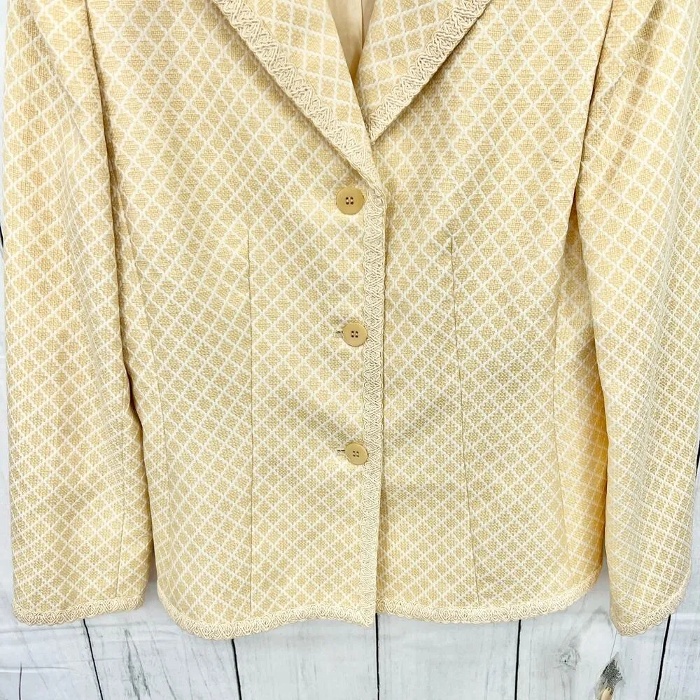 NWT Le Suit Town and Country Yellow Beige Diamond Tweed Blazer 3 Button SIZE 8 - Image 5