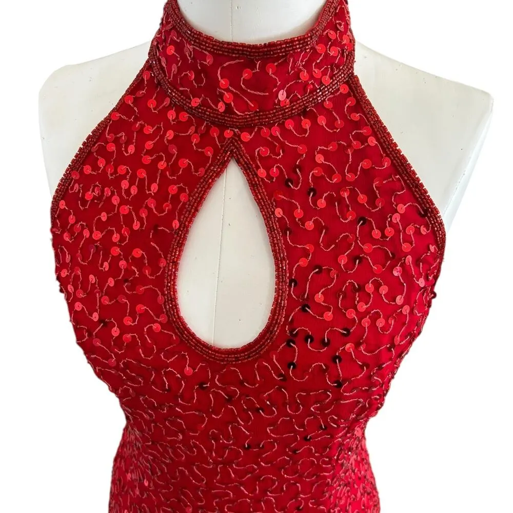 Scala Vintage 80s Red Beaded Sequin Sheath Evening Dress Formal Glamourcore M - Image 3
