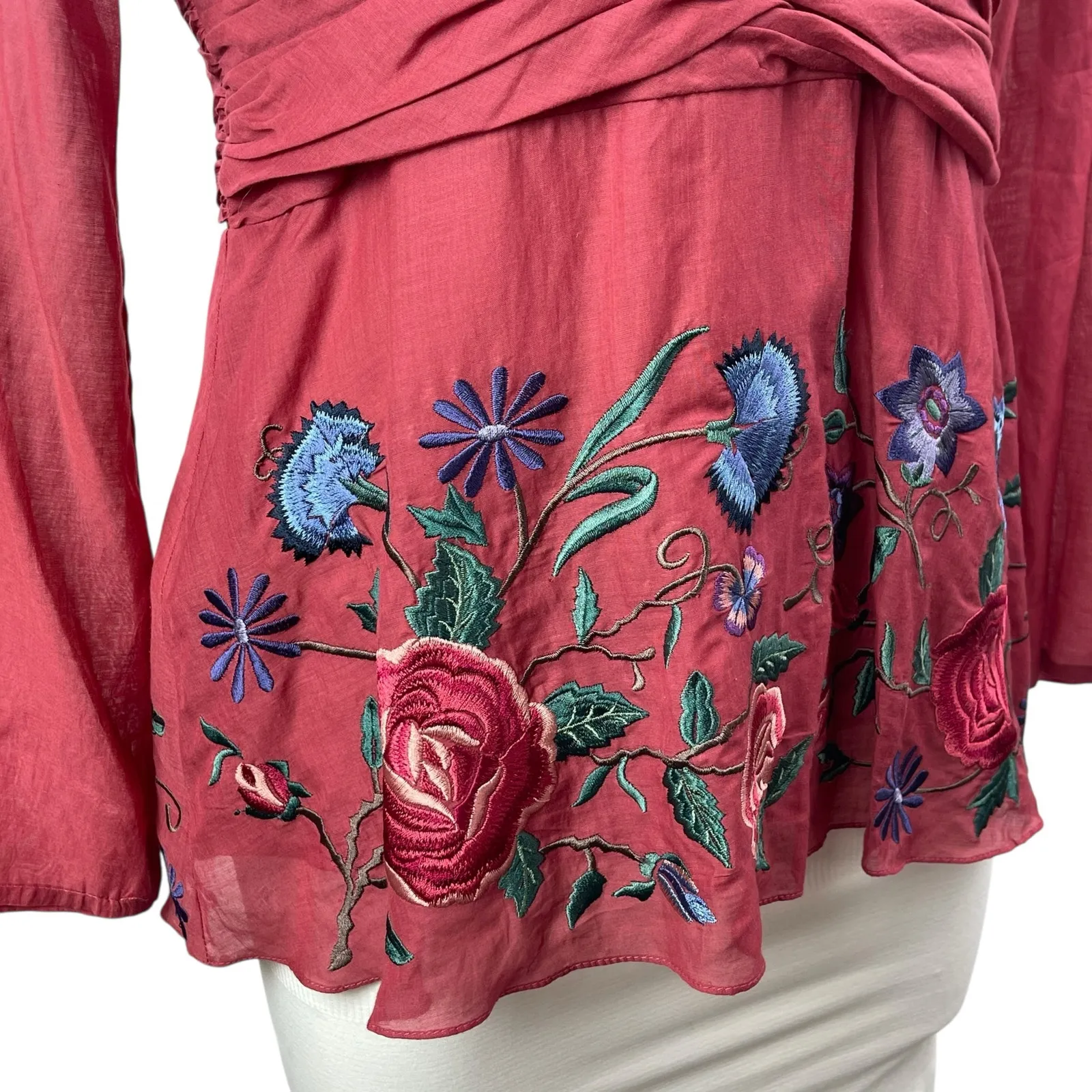 Tibi Women's Pink Silk Floral Embroidered Long Sleeve Peplum Blouse Top Size L - Image 3