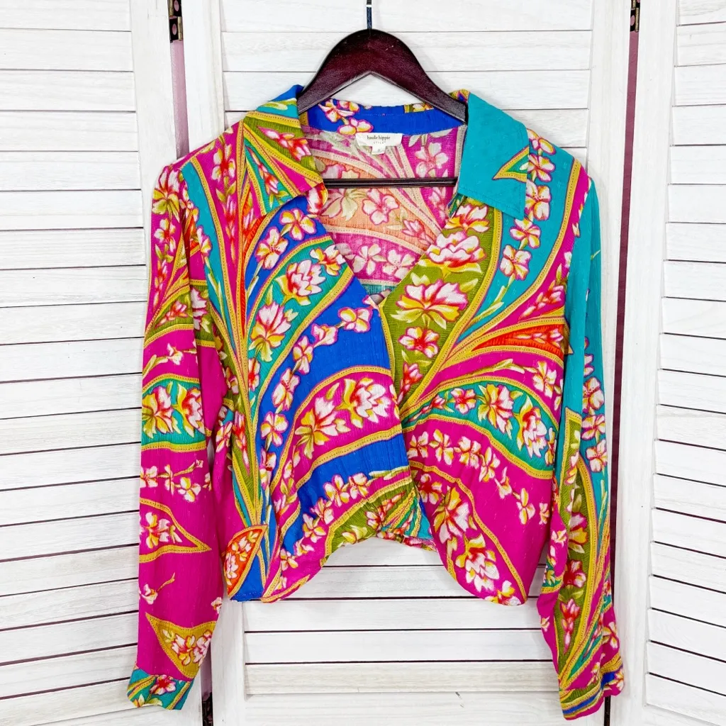 Haute Hippie Hawaiian Floral Faux Wrap Crop Long Sleeve‎ Blouse Pink Teal Small - Image 7