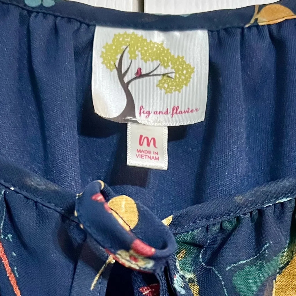 Anthropologie Fig and Flower Navy Floral Sheer Peasant Blouse Boho Top Medium Blue - Image 6
