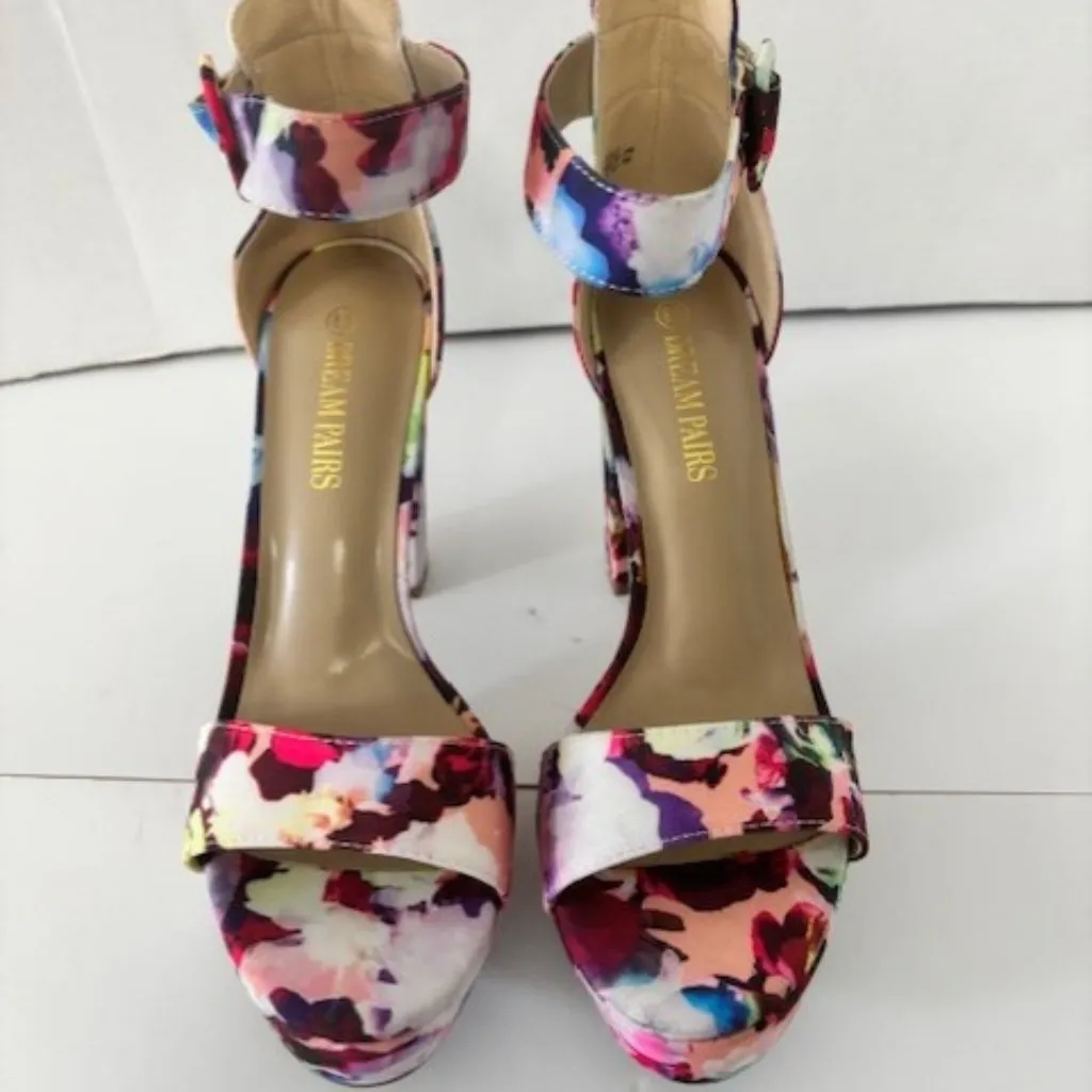 Dream Pairs Floral Hi Lo Open Toe Ankle Strap Chunky Heel Pink White Red Sz 8.5 - Image 2