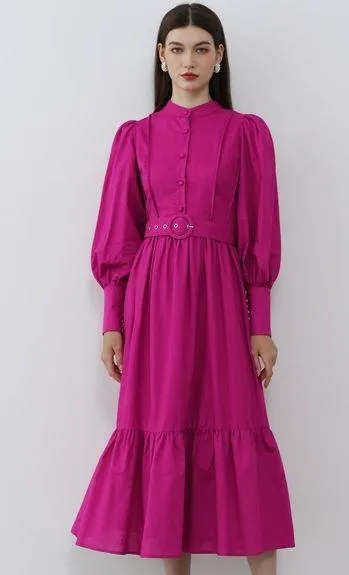 NWT CHIC WISH Lantern Sleeve Button Down Linen-Blend Midi Dress in Magenta Sz M - Image 1