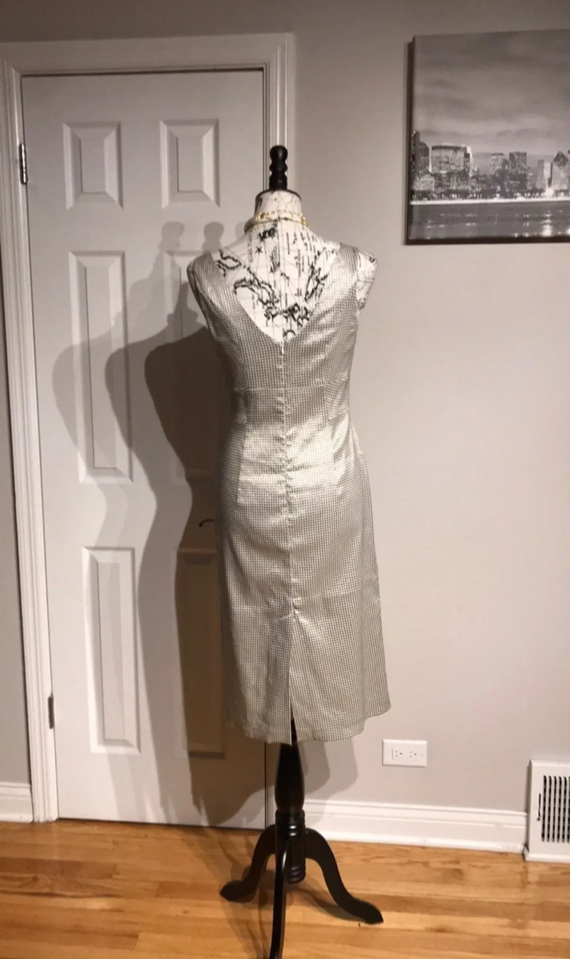 Bomak Gingham Dress Matching Set Vintage Pencil Crop Blazer Plaid Metallic Evening Retro preppy Gray - Image 5