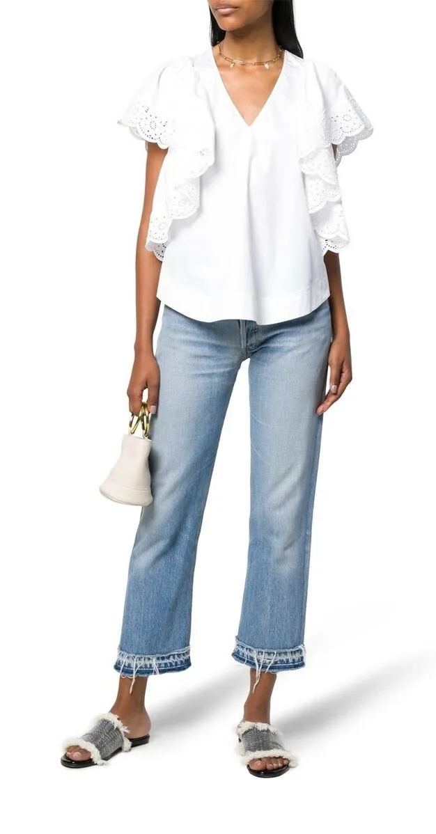 See By Chloe Eyelet Flutter Sleeve Blouse Size 36 (XS) White V-Neck Feminine - Image 1