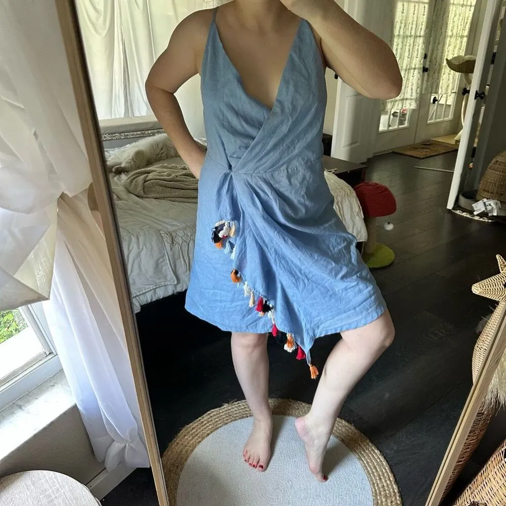 THML Women’s Medium Blue Wrap Dress with Tassels - Image 2