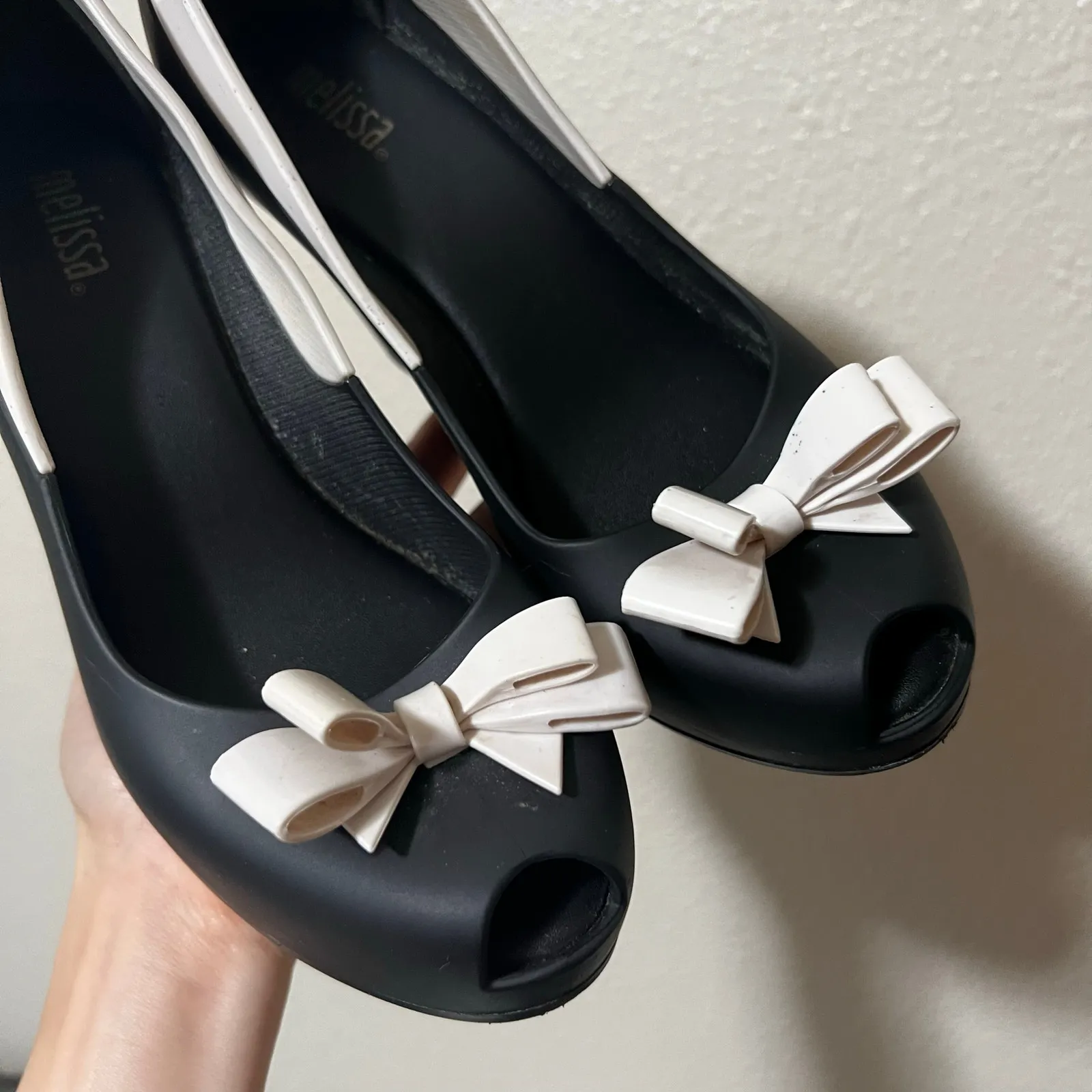Melissa Queen Peep Toe Bow Wedges Black White Melflex Rubber plastic PVC WOMEN 6 - Image 5