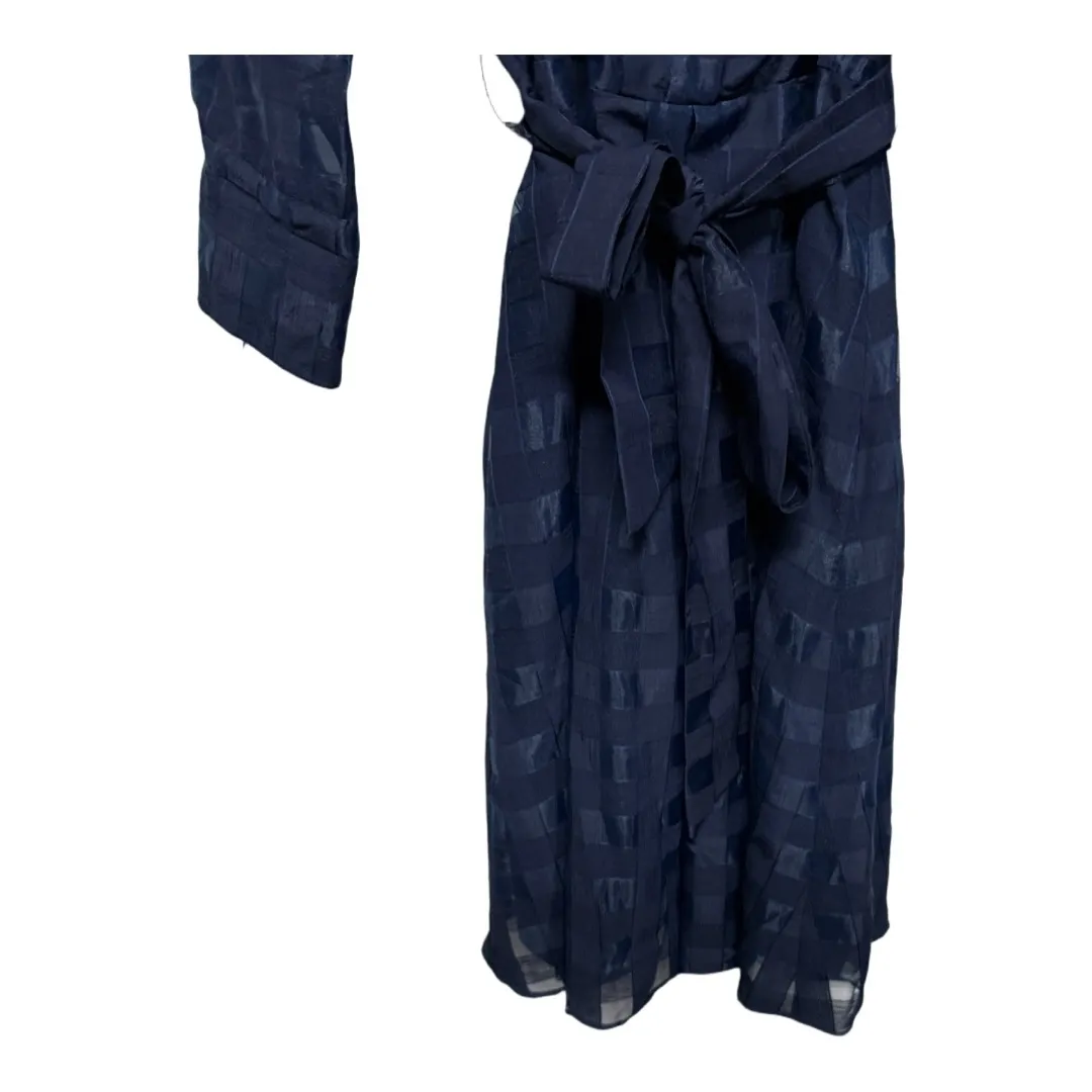 Tahari Navy Blue Plaid Sheer Dress Long Sleeve Lined Size 10 Modern Office Chic - Image 3