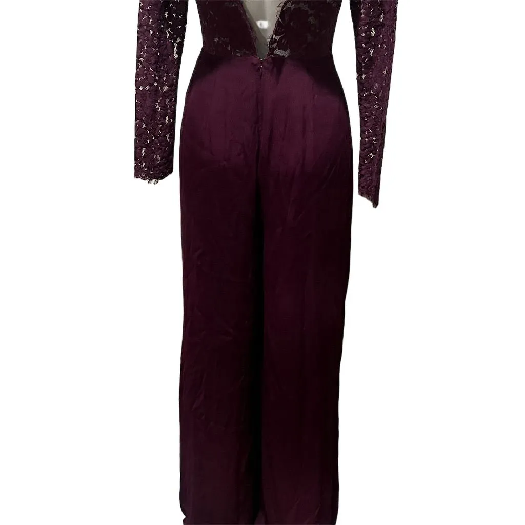 Lovers + Friends Justine Burgundy Wide Leg Jumpsuit Lace Sleeves Size XS - Image 6