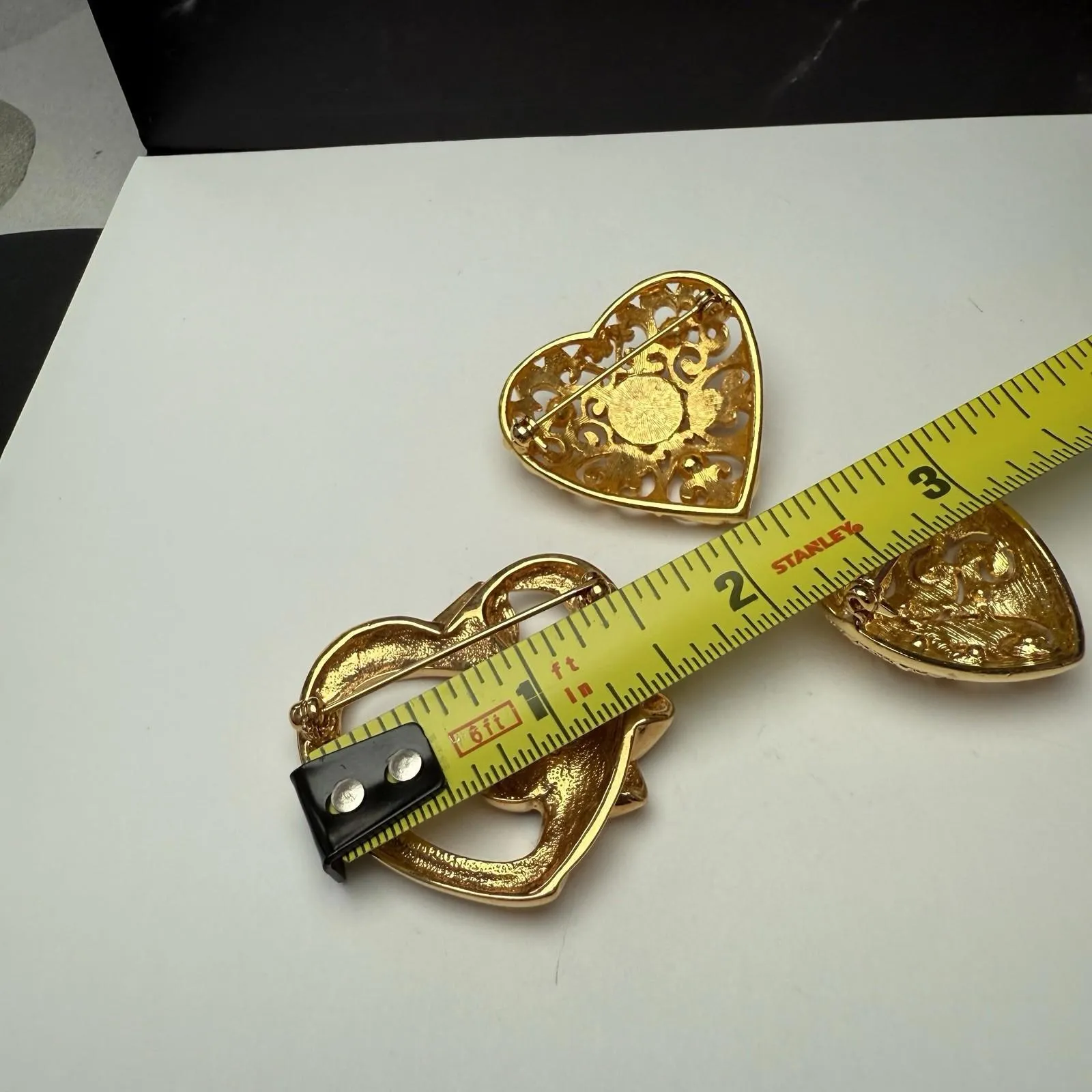 Heart Shape Brooch Pin 1 With Faux Pearl 2 Blue Rhinestone Gold Tone Lot Of 3 - Image 6