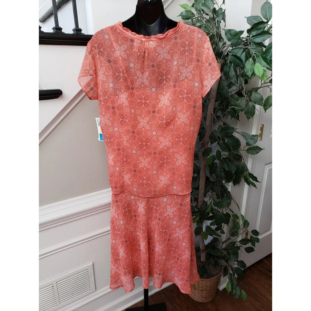 Covington Orange Patterned Maxi Skirt Set Size 12 Short Sleeve Lined Vintage - Image 4