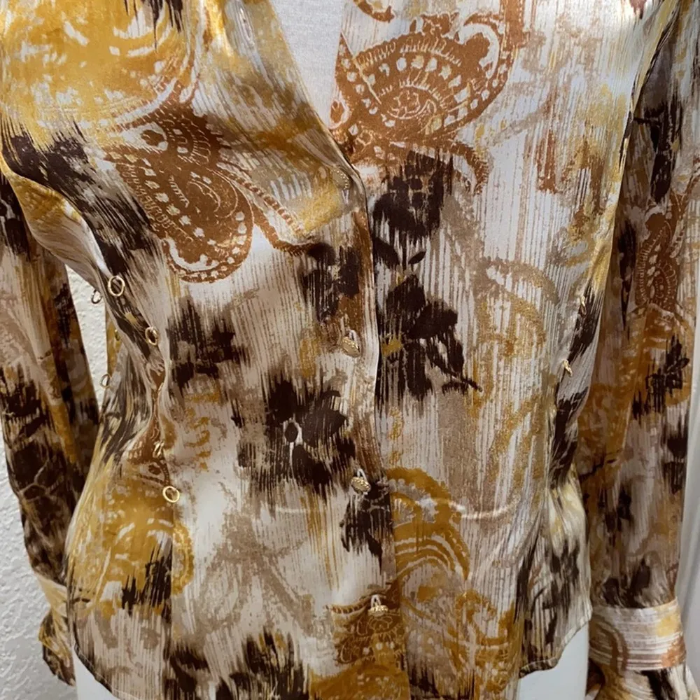 St. John Couture Button Down Silk Vintage Blouse Sz 8 Abstract Brown Gold - Image 2