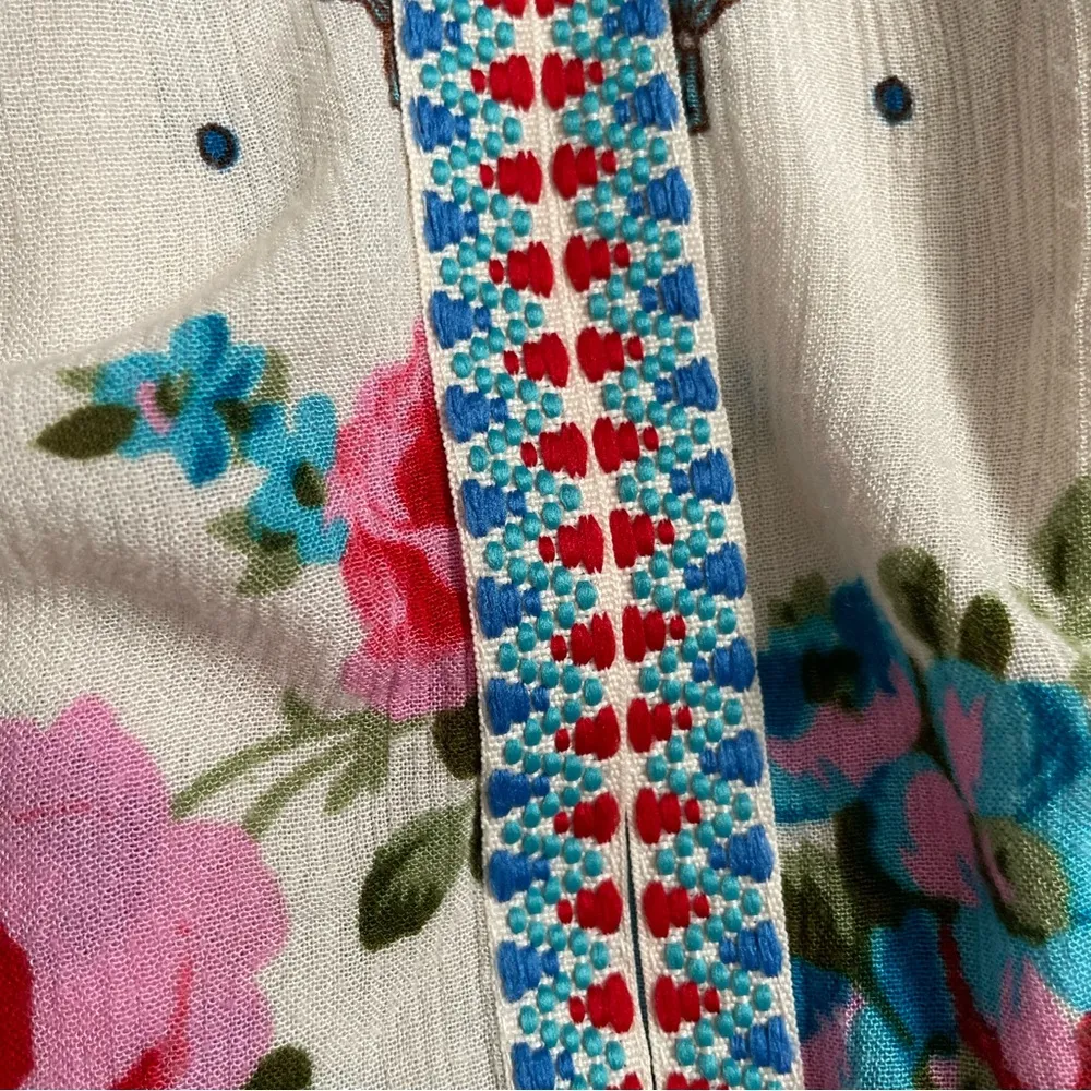 Bila Top Floral Ruffle Embroidered Boho Bohemian Western Coastal Red Blue Cream Size XL - Image 11