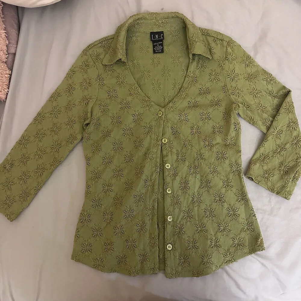 INC Y2k Vintage  Green Button Down Blouse with Floral Lace Size Small - Image 2