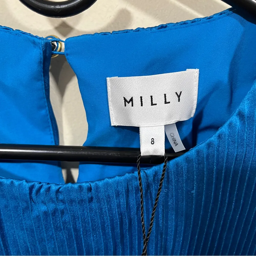 NWT MILLY  Size 8
Lumi Satin Pleated Dress In Blue - Image 6