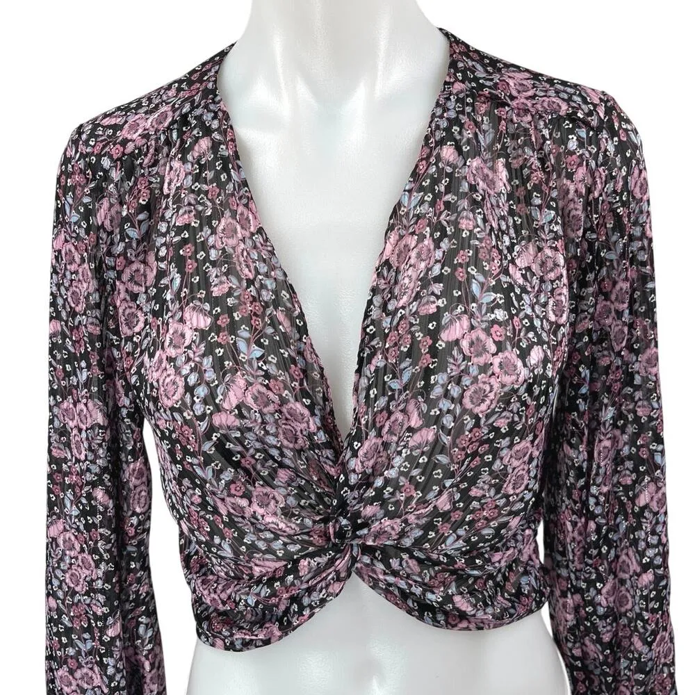 Zara Multicolor Floral Metallic V-neck Balloon Long Sleeve Crop Blouse Top Sz XS - Image 3