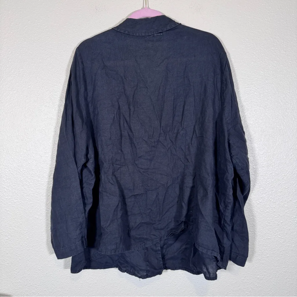 Flax Black Linen Button Down Shirt Womens 1X Lagenlook Natural Fibers Blouse - Image 2