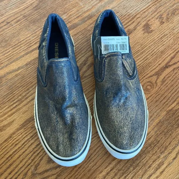 Diesel women's size 38.5 gold metallic coated denim VANSIS W rubber sneakers - Image 2