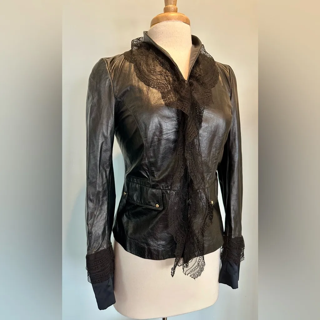 Roberto Cavalli Authentic Black Leather Lace Silk Moto Victorian style Jacket - Image 3