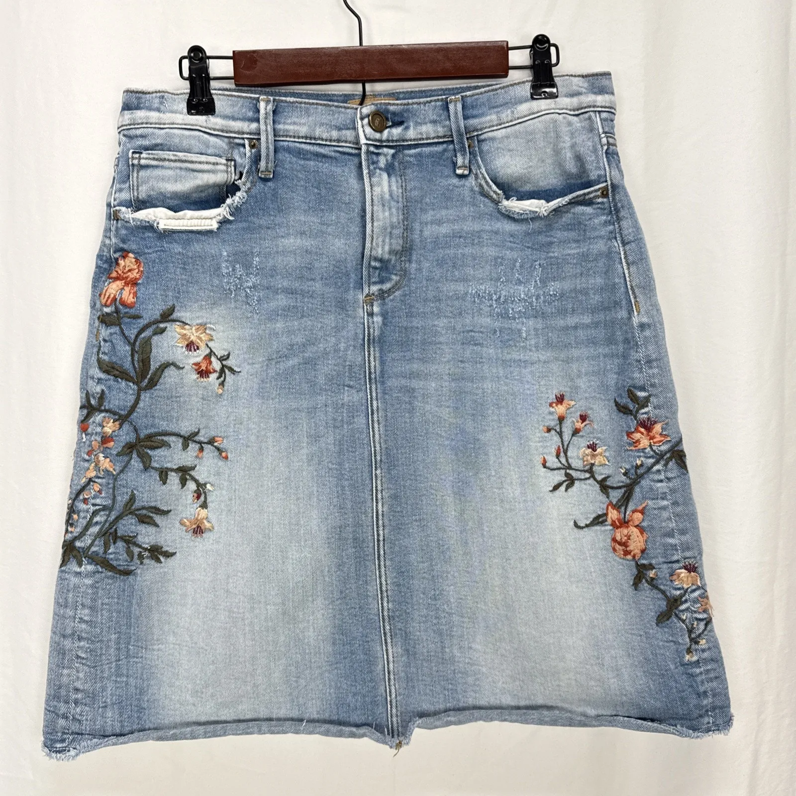 Driftwood Anthropologie Womens Floral Embroidered Stretch Denim Skirt Size 31/12 - Image 2
