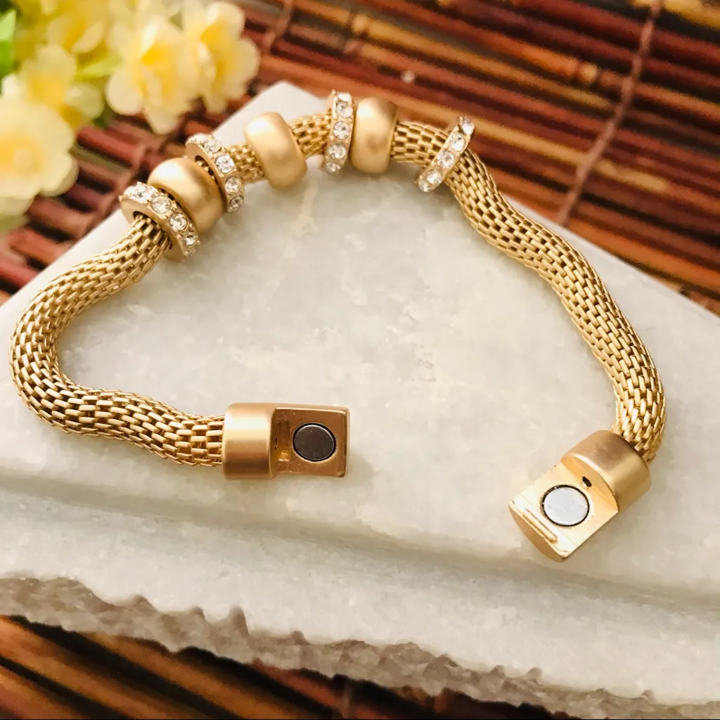Magnetic Mesh Gold Tone Rhinestone Bracelet - Image 2