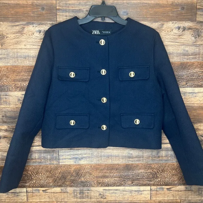 Zara CROPPED FLAP JACKET navy nwot gold button classic fall evening blogger fav - Image 6