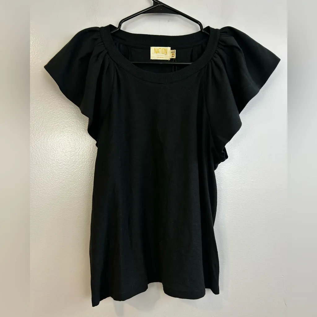 NWT Nation LTD Lorna Black Short Flutter Sleeve Pima Cotton Ruffle Top Medium - Image 2