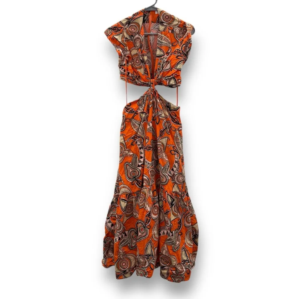 RTR A.L.C. Alexandria Orange Multi Geometric Cut Out Knot Front Midi Dress Sz 6‎ - Image 4