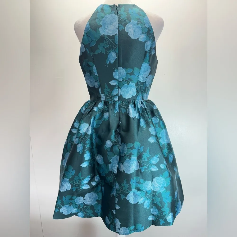Wendy Bird Formal Party Dress Teal Blue Rose Print Satin Halter Neck Coquette - Image 14